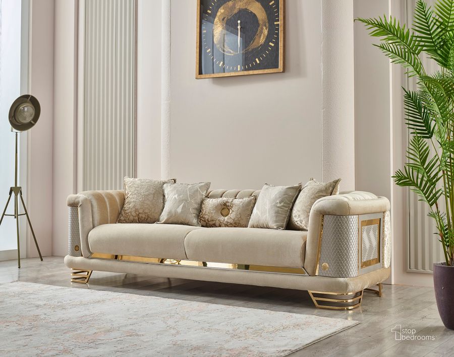 The appearance of Roman 3 Seat Sofa In Beige designed by Furnia in the  interior design. This beige piece of furniture  was selected by 1StopBedrooms from Roman Collection to add a touch of cosiness and style into your home. Sku: 101-ROM-SIE30-3. Material: Wood. Product Type: Sofa. Image1