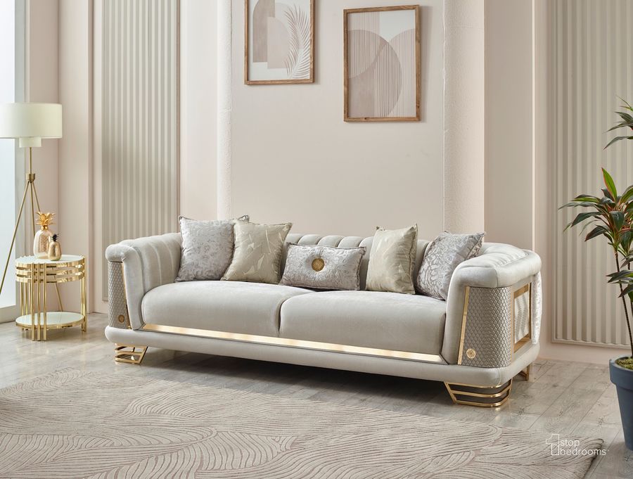 The appearance of Roman 3 Seat Sofa In Cream designed by Furnia in the  interior design. This cream piece of furniture  was selected by 1StopBedrooms from Roman Collection to add a touch of cosiness and style into your home. Sku: 101-ROM-SIE20-3. Material: Wood. Product Type: Sofa. Image1