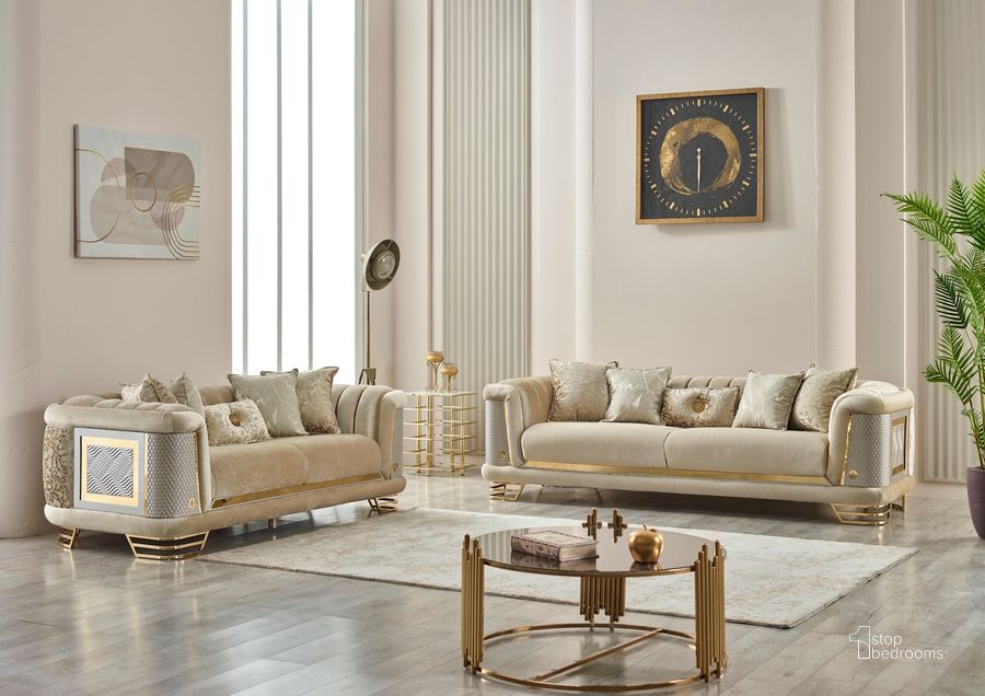 The appearance of Roman Loveseat In Beige designed by Furnia in the  interior design. This beige piece of furniture  was selected by 1StopBedrooms from Roman Collection to add a touch of cosiness and style into your home. Sku: 101-ROM-SIE30-2. Material: Wood. Product Type: Loveseat.