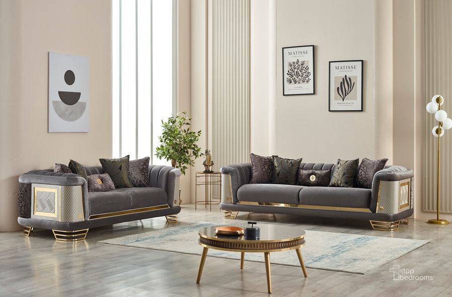 The appearance of Roman Loveseat In Gray designed by Furnia in the  interior design. This gray piece of furniture  was selected by 1StopBedrooms from Roman Collection to add a touch of cosiness and style into your home. Sku: 101-ROM-SIE680-2. Material: Wood. Product Type: Loveseat.