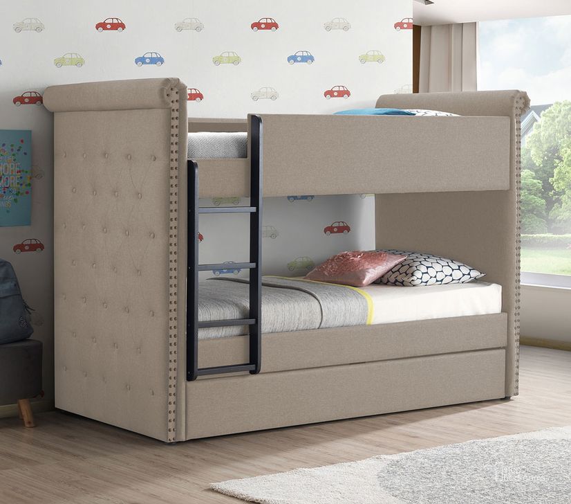 The appearance of Romana II Twin over Twin Bunk Bed w/ Trundle (Beige) designed by ACME in the transitional interior design. This beige piece of furniture  was selected by 1StopBedrooms from Romana II Collection to add a touch of cosiness and style into your home. Sku: 37850HB;37851RL;37852TRN. Bed Type: Bunk Bed. Material: Wood. Bed Size: Twin. Product Type: Kids Loft and Bunk Bed. Image1