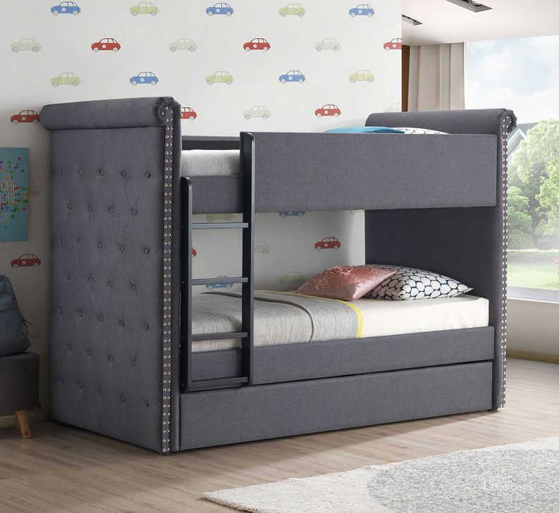 The appearance of Romana II Twin over Twin Bunk Bed w/ Trundle (Gray) designed by ACME in the transitional interior design. This gray piece of furniture  was selected by 1StopBedrooms from Romana II Collection to add a touch of cosiness and style into your home. Sku: 37855HB;37856RL;37857TRN. Bed Type: Bunk Bed. Material: Wood. Bed Size: Twin. Product Type: Kids Loft and Bunk Bed. Image1