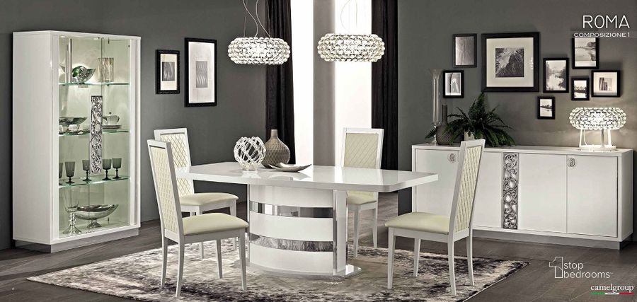 The appearance of Roma Dining Room Set (White) designed by ESF in the modern / contemporary interior design. This white piece of furniture  was selected by 1StopBedrooms from Roma Collection to add a touch of cosiness and style into your home. Sku: ROMATABLEWHITE;ROMACHAIRWHITE. Table Base Style: Pedestal. Product Type: Dining Room Set. Material: MDF. Table Top Shape: Rectangular. Size: 79". Image1