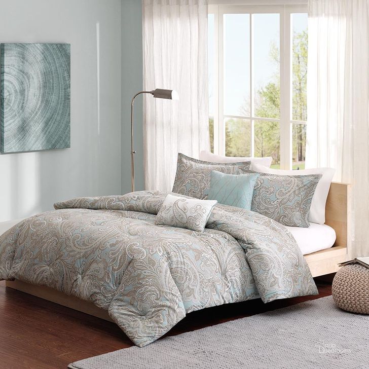 The appearance of Ronan Cotton Percale Printed 5Pcs Queen Comforter Set In Blue designed by Olliix in the transitional interior design. This blue piece of furniture  was selected by 1StopBedrooms from Ronan Collection to add a touch of cosiness and style into your home. Sku: MPP10-001. Material: Polyester. Bed Size: Queen. Product Type: Comforter Set. Image1