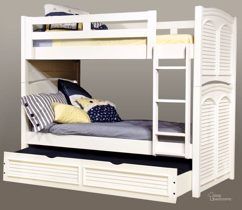 The appearance of Rongova White Twin Over Twin Bunk Bed designed by Polished Pine in the country / farmhouse interior design. This white piece of furniture  was selected by 1StopBedrooms from Rongova Collection to add a touch of cosiness and style into your home. Sku: 6510-903;6510-904;6510-977;6510-997;6510-906. Bed Type: Bunk Bed. Material: Wood. Product Type: Bunk Bed. Bed Size: Twin Over Twin.