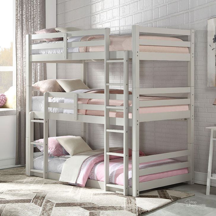 The appearance of Ronnie Triple Twin Bunk Bed (Light Gray) designed by ACME in the transitional interior design. This light gray piece of furniture  was selected by 1StopBedrooms from Ronnie Collection to add a touch of cosiness and style into your home. Sku: 37420HF;37421RL;37422SL. Bed Type: Bunk Bed. Material: Wood. Bed Size: Twin. Product Type: Kids Loft and Bunk Bed. Image1