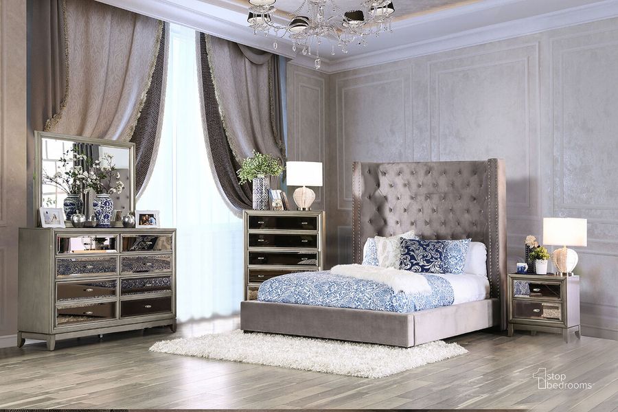 The appearance of Rosabelle Eastern King Bed In Gray designed by Furniture of America in the transitional interior design. This gray piece of furniture  was selected by 1StopBedrooms from Rosabelle Collection to add a touch of cosiness and style into your home. Sku: CM7669GY-EK-HBFB;CM7669GY-EK-R. Bed Type: Panel Bed. Material: Wood. Product Type: Panel Bed. Bed Size: King. Image1