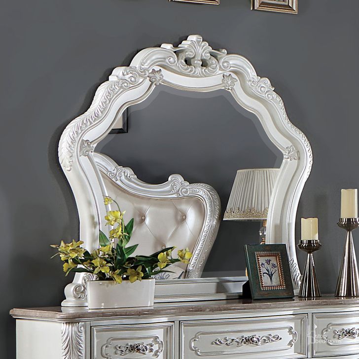 The appearance of Rosalind Mirror In Pearl White designed by Furniture of America in the traditional interior design. This pearl white piece of furniture  was selected by 1StopBedrooms from Rosalind Collection to add a touch of cosiness and style into your home. Sku: CM7243WH-M. Material: Wood. Product Type: Accent Mirror. Image1