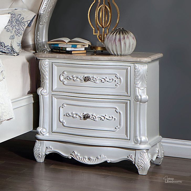 The appearance of Rosalind Night Stand In Pearl White designed by Furniture of America in the traditional interior design. This pearl white piece of furniture  was selected by 1StopBedrooms from Rosalind Collection to add a touch of cosiness and style into your home. Sku: CM7243WH-N. Material: Wood. Product Type: Nightstand. Image1
