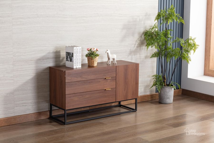 The appearance of Roscoe Walnut Brown Wood TV Stand Console Table designed by Lilola Home in the modern / contemporary interior design. This walnut brown piece of furniture  was selected by 1StopBedrooms from Roscoe Collection to add a touch of cosiness and style into your home. Sku: 53000. Product Type: Console Table. Material: Melamine. Image1