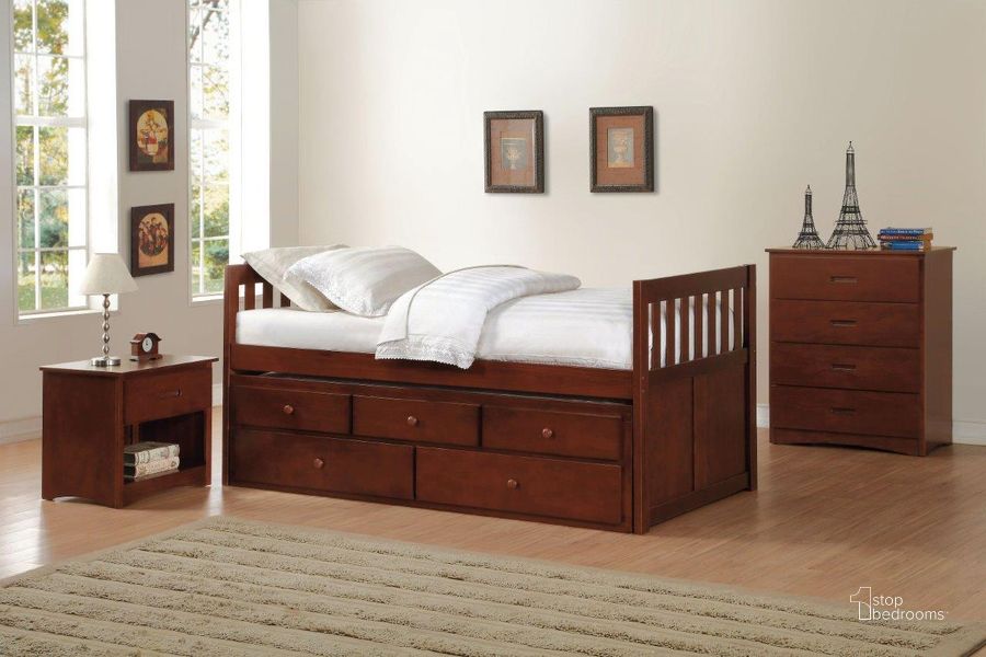 The appearance of Rowe Dark Cherry Youth Storage Trundle Bedroom Set designed by Homelegance in the transitional interior design. This brown piece of furniture  was selected by 1StopBedrooms from Rowe Collection to add a touch of cosiness and style into your home. Sku: B2013PRDC-1;B2013PRDC-2;B2013DC-4. Bed Type: Storage Bed. Material: Wood. Product Type: Storage Bed. Image1