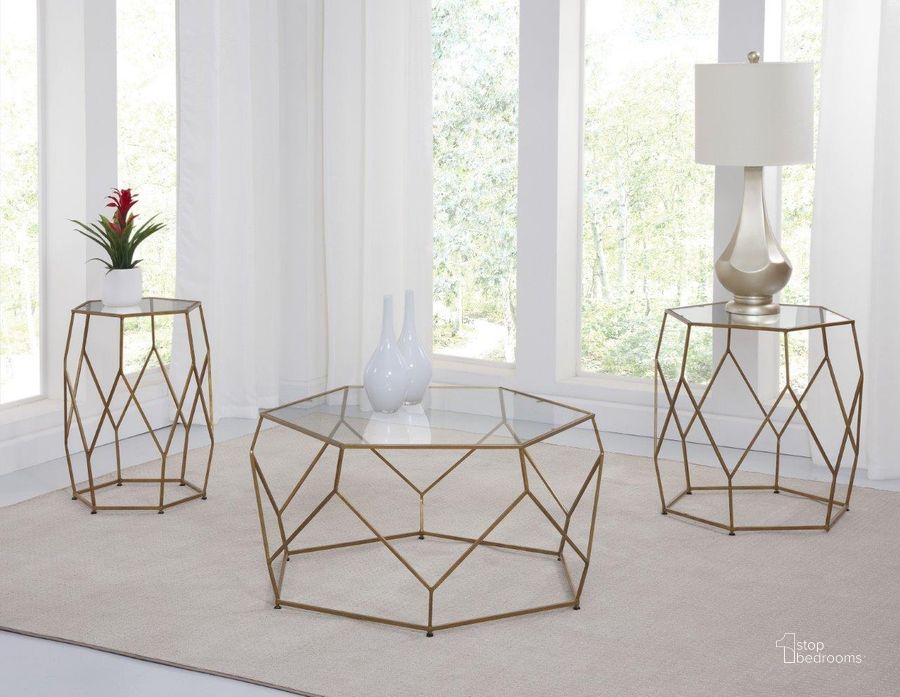 The appearance of Roxy Clear Glass And Gold Hexagonal Occasional Table Set designed by Steve Silver in the transitional interior design. This gold piece of furniture  was selected by 1StopBedrooms from Roxy Collection to add a touch of cosiness and style into your home. Sku: RX100CT;RX100CB;RX100ECT;RX100ECB. Product Type: Occasional Table Set. Material: Iron. Image1
