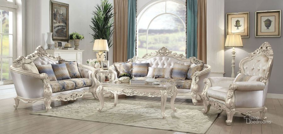 The appearance of Royal Oak Antique White Living Room Set designed by Isaac Tahari in the transitional interior design. This antique white piece of furniture  was selected by 1StopBedrooms from Royal Oak Collection to add a touch of cosiness and style into your home. Sku: 52440;52441. Material: Fabric. Product Type: Living Room Set. Image1
