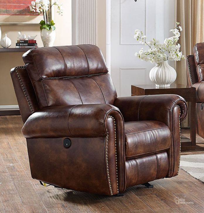 The appearance of Roycroft Pecan Glider Power Recliner designed by New Classic in the modern / contemporary interior design. This brown piece of furniture  was selected by 1StopBedrooms from Roycroft Collection to add a touch of cosiness and style into your home. Sku: UC2360-13-PEC. Product Type: Power Reclining. Image1