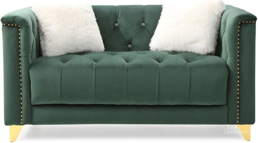 The appearance of Russell Tufted Upholstery Loveseat Finished In Velvet Fabric In Green designed by Galaxy Home Furnishings in the modern / contemporary interior design. This green piece of furniture  was selected by 1StopBedrooms from Russell Collection to add a touch of cosiness and style into your home. Sku: 733569217731. Product Type: Loveseat. Material: Velvet. Image1