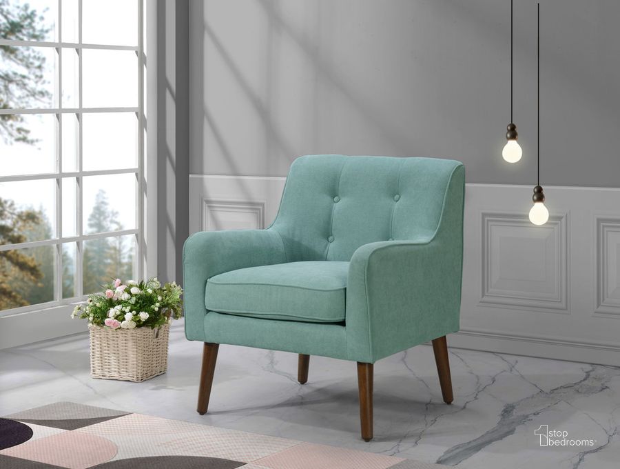 The appearance of Ryder Mid Century Modern Aquamarine Teal Woven Fabric Tufted Armchair designed by Lilola Home in the transitional interior design. This teal piece of furniture  was selected by 1StopBedrooms from Ryder Collection to add a touch of cosiness and style into your home. Sku: 88868TL. Material: Wood. Product Type: Arm Chair. Image1
