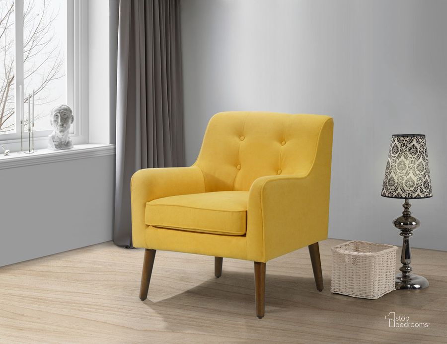 The appearance of Ryder Mid Century Modern Yellow Woven Fabric Tufted Armchair designed by Lilola Home in the transitional interior design. This yellow piece of furniture  was selected by 1StopBedrooms from Ryder Collection to add a touch of cosiness and style into your home. Sku: 88868YW. Material: Wood. Product Type: Arm Chair. Image1