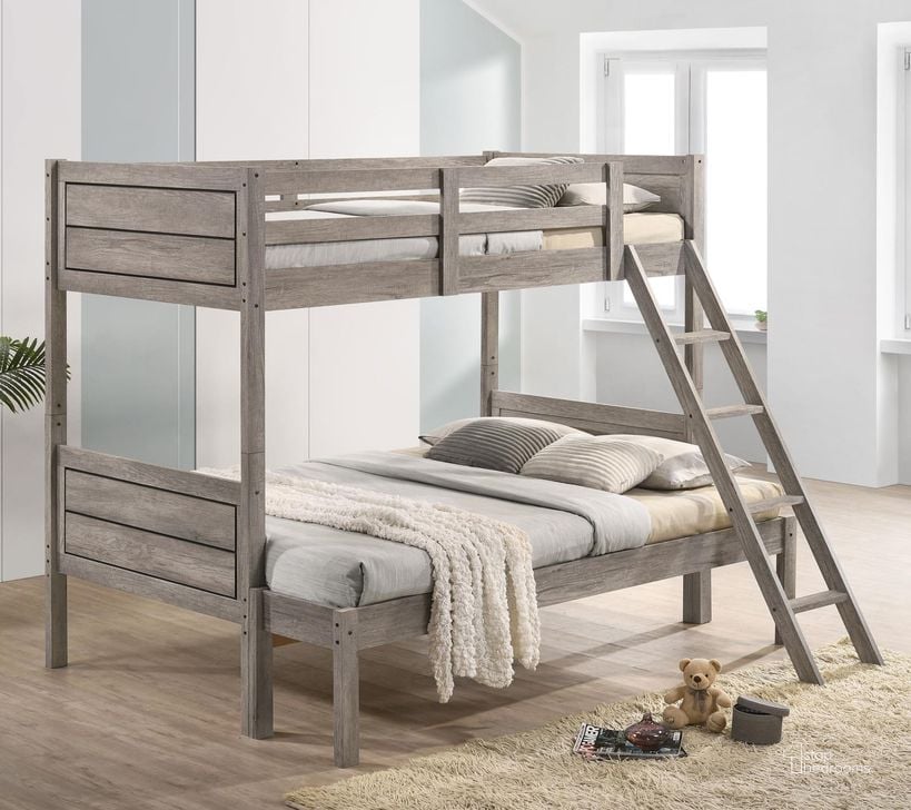 The appearance of Ryder Twin Over Full Bunk Bed In Weathered Taupe designed by Coaster in the rustic / southwestern interior design. This weathered taupe piece of furniture  was selected by 1StopBedrooms from Ryder Collection to add a touch of cosiness and style into your home. Sku: 400818B1;400818B2;400818E. Bed Type: Bunk Bed. Material: Wood. Product Type: Bunk Bed. Bed Size: Twin Over Full. Image1