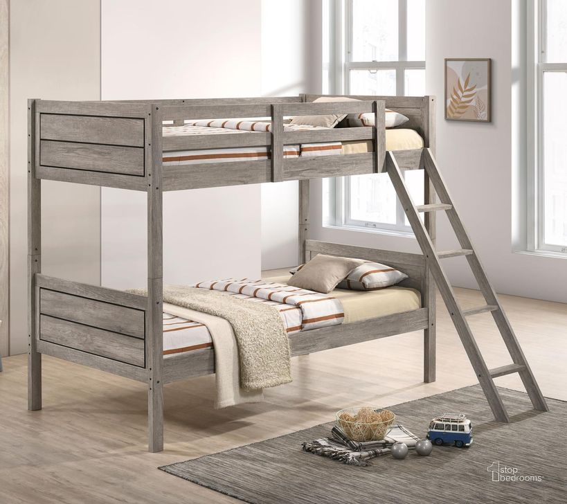 The appearance of Ryder Twin Over Twin Bunk Bed In Weathered Taupe designed by Coaster in the rustic / southwestern interior design. This weathered taupe piece of furniture  was selected by 1StopBedrooms from Ryder Collection to add a touch of cosiness and style into your home. Sku: 400818B1;400818B2. Bed Type: Bunk Bed. Material: Wood. Product Type: Bunk Bed. Bed Size: Twin Over Twin. Image1