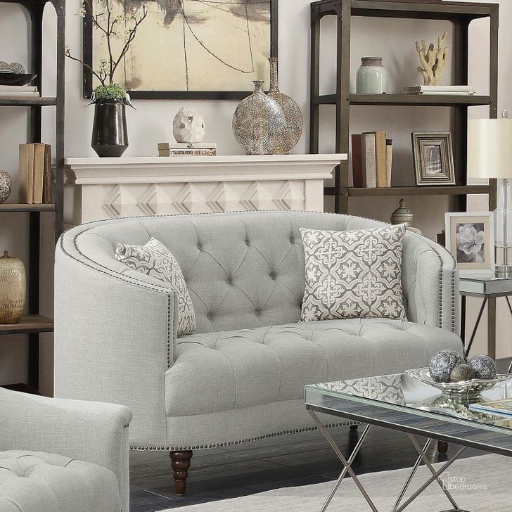 The appearance of Sabreville Stone Grey Loveseat designed by Versailles Home in the traditional interior design. This stone grey piece of furniture  was selected by 1StopBedrooms from Sabreville Collection to add a touch of cosiness and style into your home. Sku: 505642. Material: Fabric. Product Type: Loveseat. Key Features: Tufted. Image1