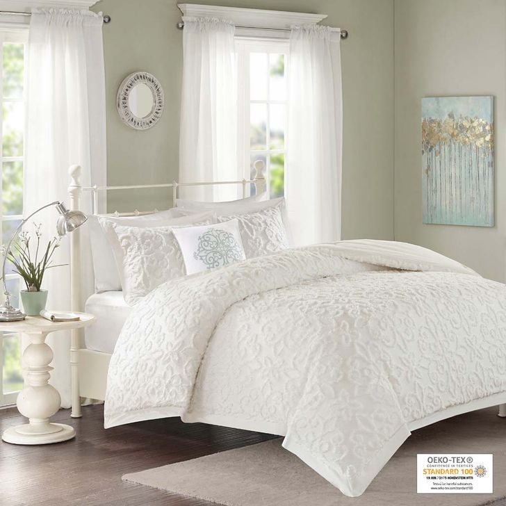 The appearance of Sabrina Cotton Chenille Tufted Queen Comforter Set In Off White designed by Olliix in the modern / contemporary interior design. This dove white piece of furniture  was selected by 1StopBedrooms from Sabrina Collection to add a touch of cosiness and style into your home. Sku: MP10-3322. Material: Polyester. Bed Size: Queen. Product Type: Comforter Set. Image1
