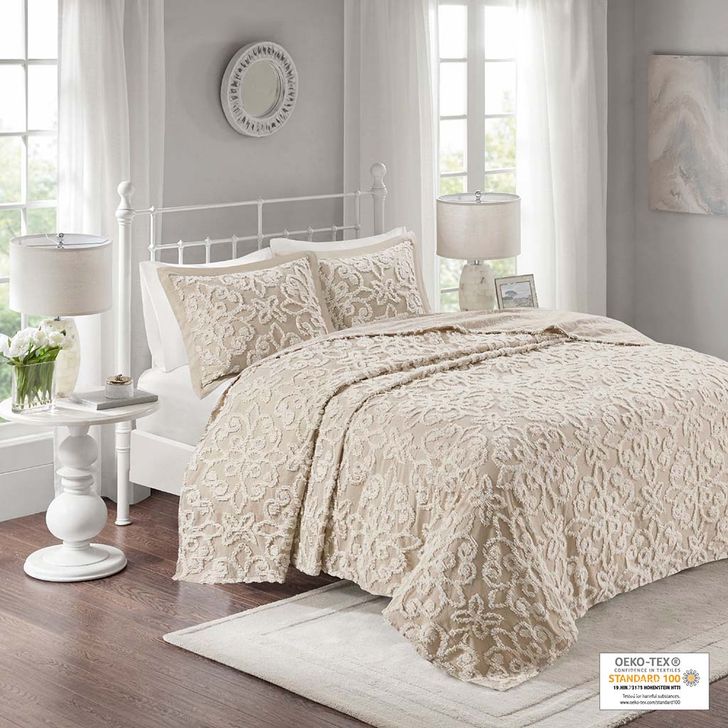 The appearance of Sabrina Cotton Tufted Queen Bedspread Set In Taupe designed by Olliix in the modern / contemporary interior design. This taupe piece of furniture  was selected by 1StopBedrooms from Sabrina Collection to add a touch of cosiness and style into your home. Sku: MP13-7124. Bed Size: Queen. Material: Cotton. Product Type: Comforter Set. Image1