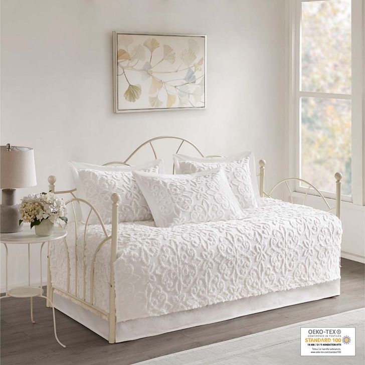 The appearance of Sabrina Cotton Tufted Chenille 5Pcs Daybed Set In Off White designed by Olliix in the modern / contemporary interior design. This off white piece of furniture  was selected by 1StopBedrooms from Sabrina Collection to add a touch of cosiness and style into your home. Sku: MP13-5322. Material: Cotton. Product Type: Comforter Set. Image1