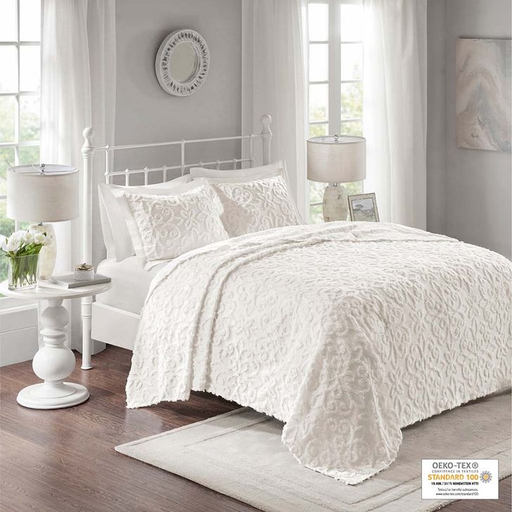The appearance of Sabrina Cotton Tufted Chenille King Bedspread Set In Off White designed by Olliix in the modern / contemporary interior design. This off white piece of furniture  was selected by 1StopBedrooms from Sabrina Collection to add a touch of cosiness and style into your home. Sku: MP13-5321. Bed Size: King. Material: Cotton. Product Type: Comforter Set. Image1