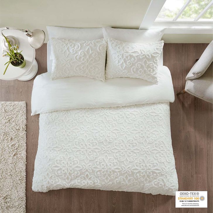 The appearance of Sabrina Tufted Cotton Chenille King Duvet Cover Set In Off White designed by Olliix in the modern / contemporary interior design. This off white piece of furniture  was selected by 1StopBedrooms from Sabrina Collection to add a touch of cosiness and style into your home. Sku: MP12-6104. Bed Size: King. Material: Cotton. Product Type: Duvet Cover Set. Image1