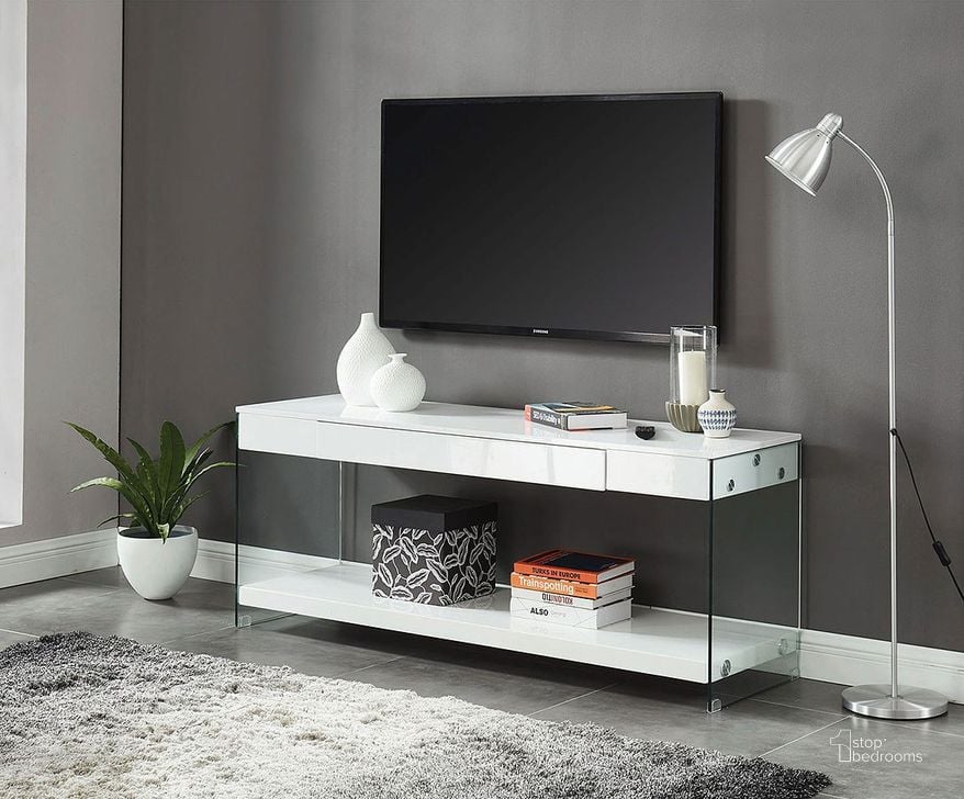 The appearance of Sabugal White 60 Inch TV Console designed by Furniture of America in the transitional interior design. This white piece of furniture  was selected by 1StopBedrooms from Sabugal Collection to add a touch of cosiness and style into your home. Sku: CM5206WH-TV-60. Material: Glass. Product Type: TV Stands and TV Console. Image1