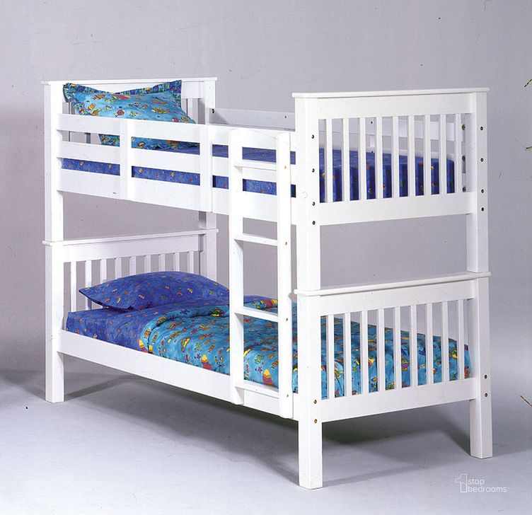 The appearance of Sadler Twin over Twin Bunk Bed (White) designed by Bernards in the transitional interior design. This white piece of furniture  was selected by 1StopBedrooms from Sadler Collection to add a touch of cosiness and style into your home. Sku: 3727. Bed Type: Bunk Bed. Product Type: Bunk Bed. Bed Size: Twin.