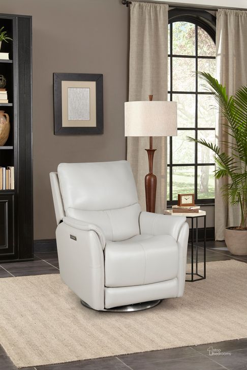 The appearance of Salem Rainer Ivory Swivel Recliner With Power Recline Power Head Rest And Power Lumbar Lay Flat designed by BarcaLounger in the modern / contemporary interior design. This ivory piece of furniture  was selected by 1StopBedrooms from Salem Collection to add a touch of cosiness and style into your home. Sku: 3PHL1213375081. Material: Leather. Product Type: Recliner. Image1