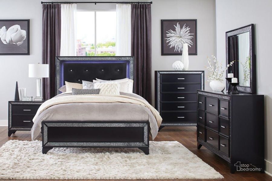 The appearance of Salon Pearl Black Metallic Panel Bedroom Set designed by Homelegance in the transitional interior design. This silver and black piece of furniture  was selected by 1StopBedrooms from Salon Collection to add a touch of cosiness and style into your home. Sku: 1572BK-1;1572BK-2;1572BK-3;1572BK-4. Bed Type: Panel Bed. Material: Wood. Product Type: Panel Bed. Bed Size: Queen. Image1