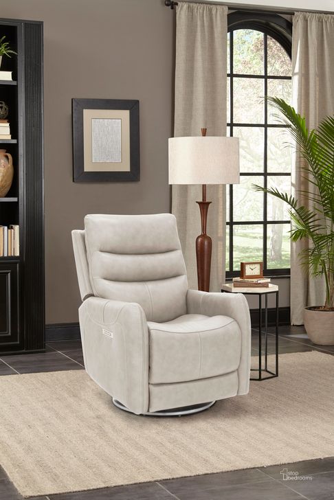 The appearance of San Marco Rainer Dove Swivel Recliner With Power Recline Power Head Rest And Power Lumbar Lay Flat designed by BarcaLounger in the transitional interior design. This dove piece of furniture  was selected by 1StopBedrooms from San Collection to add a touch of cosiness and style into your home. Sku: 3PHL1215375091. Material: Leather. Product Type: Recliner. Image1