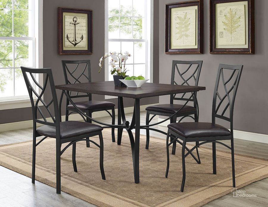 The appearance of Sanford 5-Piece Dining Room Set designed by Bernards in the transitional interior design. This chocolate piece of furniture  was selected by 1StopBedrooms from Sanford Collection to add a touch of cosiness and style into your home. Sku: 4308PU. Material: Metal. Product Type: Dining Room Set.