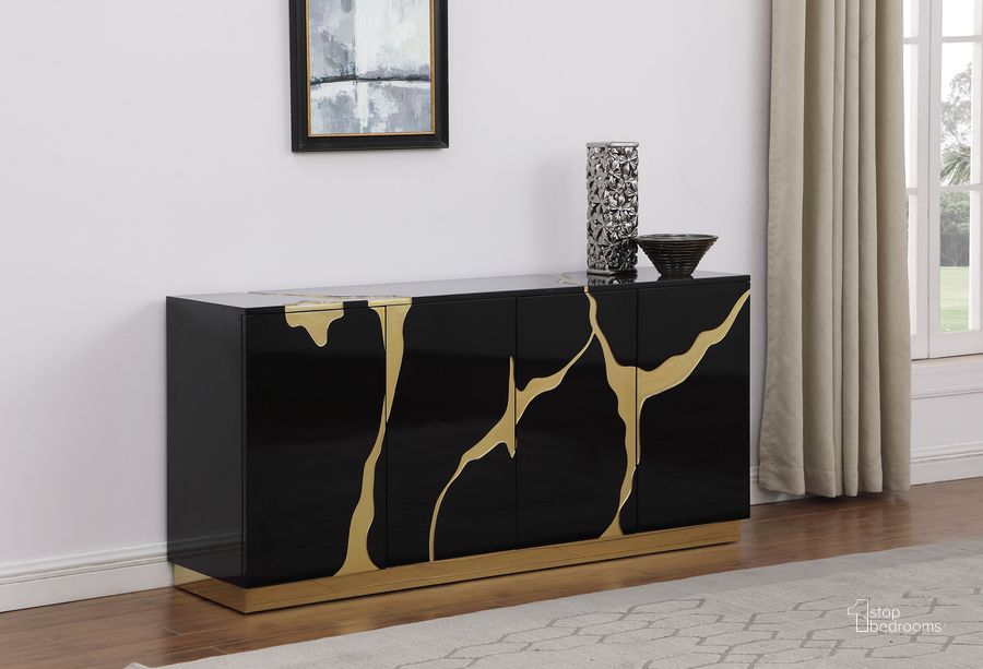 The appearance of Sanford Lacquer Wood High Gloss With Gold Accent Modern-Sideboard In Black designed by Best Master Furniture in the modern / contemporary interior design. This black piece of furniture  was selected by 1StopBedrooms from Sanford Collection to add a touch of cosiness and style into your home. Sku: T1945BS. Material: Wood. Product Type: Buffets, Sideboards and Server. Image1