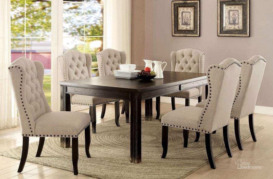 The appearance of Sania 72 Inch Dining Table In Antique Black and Beige designed by Furniture of America in the rustic / southwestern interior design. This black and beige piece of furniture  was selected by 1StopBedrooms from Sania Collection to add a touch of cosiness and style into your home. Sku: CM3324BK-T-VN. Table Base Style: Legs. Material: Wood. Product Type: Dining Table. Table Top Shape: Rectangular. Image1