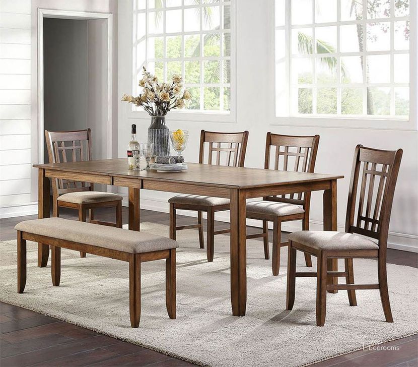 The appearance of Santa Rosa II Rectangular Dining Room Set w/ Bench designed by Liberty in the transitional interior design. This antique piece of furniture  was selected by 1StopBedrooms from Santa Rosa Ii Collection to add a touch of cosiness and style into your home. Sku: 227-T4282;227-C9201S;227-C9001B. Table Base Style: Legs. Material: Wood. Product Type: Dining Room Set. Table Top Shape: Rectangular. Size: 82". Image1