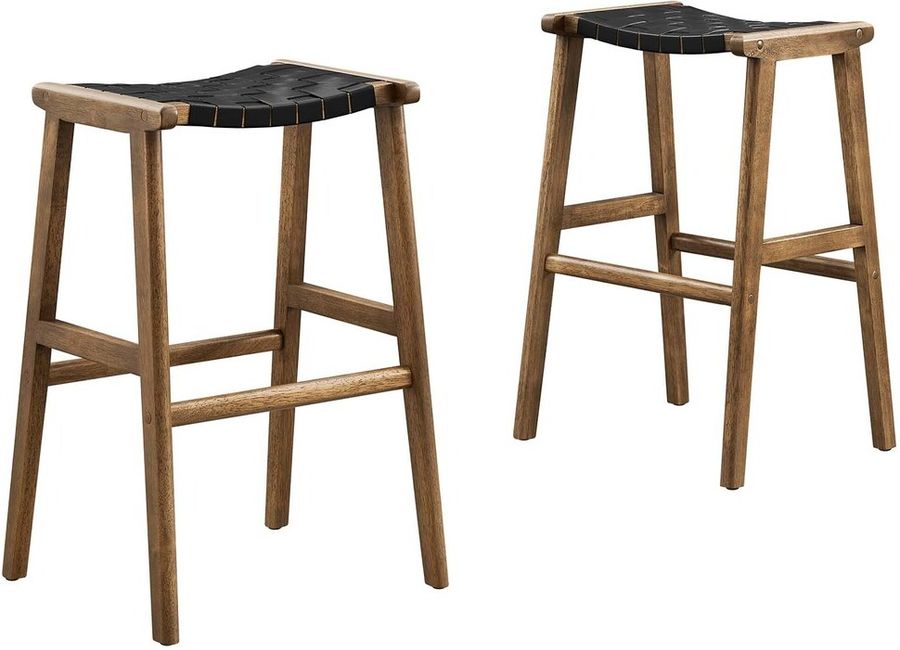 The appearance of Saoirse Faux Leather Wood Bar Stool Set of 2 In Walnut Black designed by Modway in the  interior design. This walnut black piece of furniture  was selected by 1StopBedrooms from Saoirse Collection to add a touch of cosiness and style into your home. Sku: EEI-6549-WAL-BLK. Product Type: Barstool. Material: Rubberwood. Image1