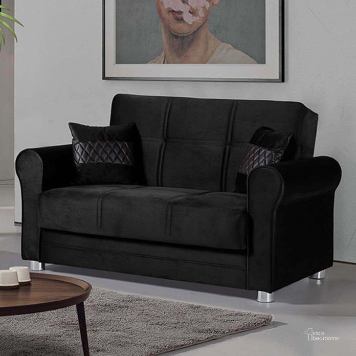 The appearance of Sara Upholstered Convertible Loveseat with Storage In Black designed by Casamode in the modern / contemporary interior design. This black piece of furniture  was selected by 1StopBedrooms from Sara Collection to add a touch of cosiness and style into your home. Sku: SARA-BLK-LS. Material: Microfiber. Product Type: Loveseat. Image1