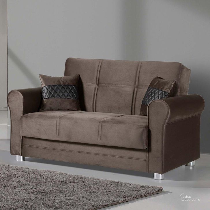 The appearance of Sara Upholstered Convertible Loveseat with Storage In Brown designed by Casamode in the modern / contemporary interior design. This brown piece of furniture  was selected by 1StopBedrooms from Sara Collection to add a touch of cosiness and style into your home. Sku: SARA-BN-LS. Material: Microfiber. Product Type: Loveseat. Image1