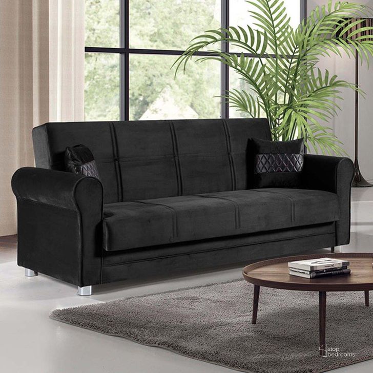 The appearance of Sara Upholstered Convertible Sofabed with Storage In Black designed by Casamode in the modern / contemporary interior design. This black piece of furniture  was selected by 1StopBedrooms from Sara Collection to add a touch of cosiness and style into your home. Sku: SARA-BLK-SB. Material: Microfiber. Product Type: Sofa Bed. Image1