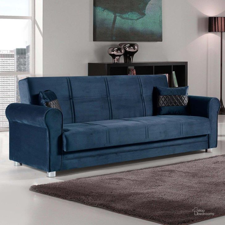 The appearance of Sara Upholstered Convertible Sofabed with Storage In Blue designed by Casamode in the modern / contemporary interior design. This blue piece of furniture  was selected by 1StopBedrooms from Sara Collection to add a touch of cosiness and style into your home. Sku: SARA-BLU-SB. Material: Microfiber. Product Type: Sofa Bed. Image1
