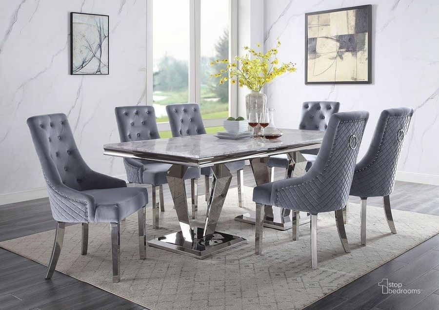 The appearance of Satinka Dining Room Set designed by ACME in the modern / contemporary interior design. This silver piece of furniture  was selected by 1StopBedrooms from Satinka Collection to add a touch of cosiness and style into your home. Sku: 68265T;68266FRM;68267ST;68268BASE;68264. Table Base Style: Double Pedestal. Product Type: Dining Room Set. Table Top Shape: Rectangular. Material: Stainless Steel. Size: 79". Image1
