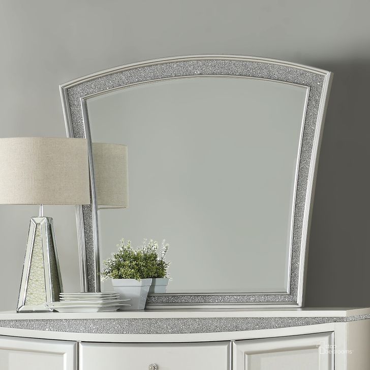 The appearance of Sawmore Platinum Dresser Mirror designed by Sterling Designs in the glam interior design. This platinum piece of furniture  was selected by 1StopBedrooms from Sawmore Collection to add a touch of cosiness and style into your home. Sku: 21804. Material: Wood. Product Type: Dresser Mirror. Image1