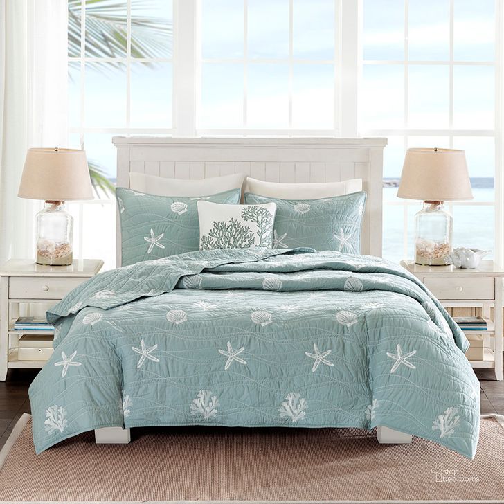 The appearance of Seaside Cotton Percale King Coverlet Set With Embroidery In Seafoam designed by Olliix in the coastal interior design. This seafoam piece of furniture  was selected by 1StopBedrooms from Seaside Collection to add a touch of cosiness and style into your home. Sku: HH13-1548. Material: Polyester. Bed Size: King. Product Type: Coverlet Set. Image1
