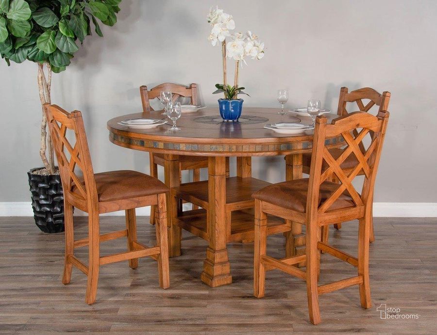 The appearance of Sedona Round Adjustable Height Dining Set With Barstools designed by Sunny Design in the traditional interior design. This rustic oak piece of furniture  was selected by 1StopBedrooms from Sedona Collection to add a touch of cosiness and style into your home. Sku: 1225DC2-B;1225DC2-T;1848RO2. Table Base Style: Pedestal. Table Top Shape: Round. Material: Wood. Product Type: Dining Room Set. Size: 60". Image1