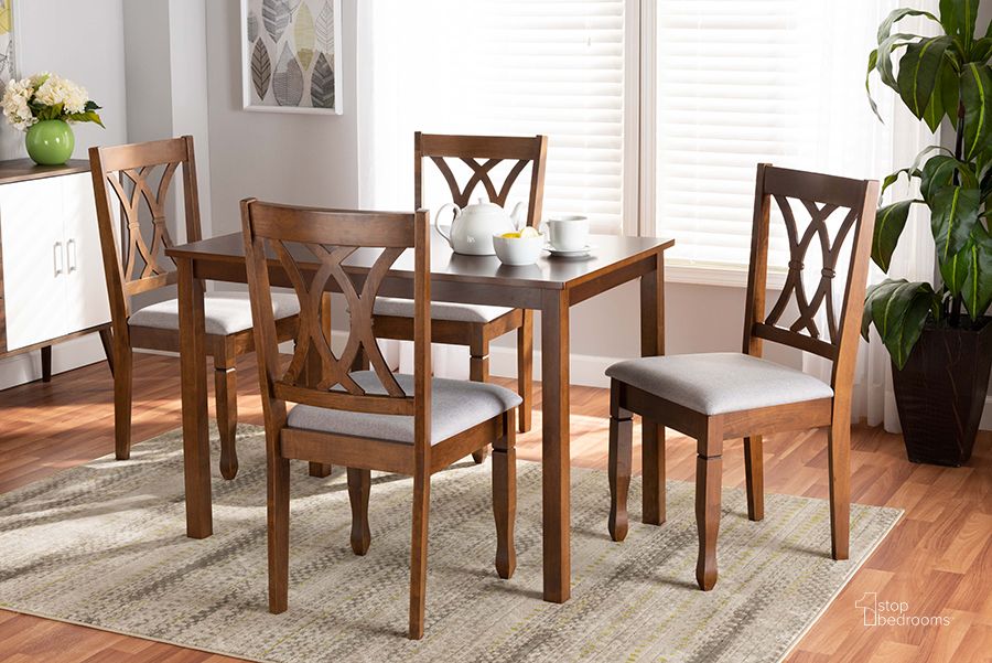 The appearance of Sefa Modern and Contemporary Grey Fabric Upholstered and Walnut Brown Finished Wood 5-Piece Dining Set designed by Baxton Studio in the modern / contemporary interior design. This walnut piece of furniture  was selected by 1StopBedrooms from Sefa Collection to add a touch of cosiness and style into your home. Sku: Sefa-Grey/Walnut-5PC Dining Set. Material: Wood. Product Type: Dining Room Set. Image1