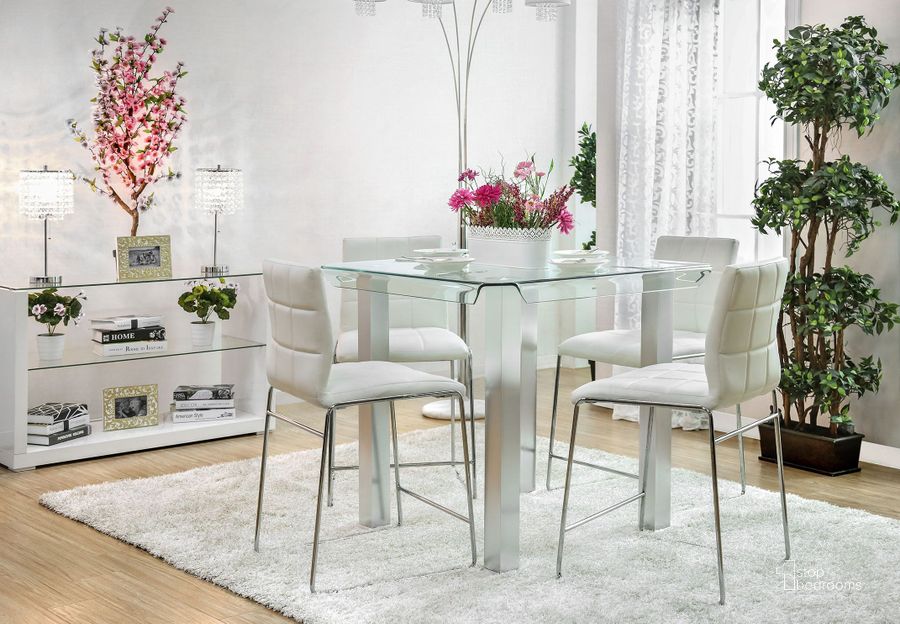 The appearance of Selekman Silver Dining Room Set 0qd2324925 designed by Boho House in the modern / contemporary interior design. This silver piece of furniture  was selected by 1StopBedrooms from Selekman Collection to add a touch of cosiness and style into your home. Sku: CM3362PT;CM8320WH-PC-2PK. Table Top Shape: Square. Material: Glass. Product Type: Dining Room Set. Size: 39". Image1