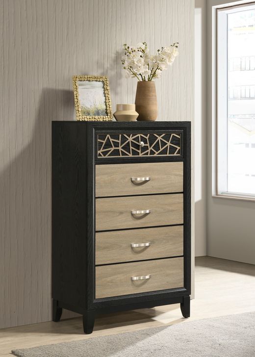 The appearance of Selena 5 Drawer Chest with Wooden Pattern In Black designed by Galaxy Home Furnishings in the modern / contemporary interior design. This black piece of furniture  was selected by 1StopBedrooms from Selena Collection to add a touch of cosiness and style into your home. Sku: 601955549493. Material: Wood. Product Type: Chest. Image1